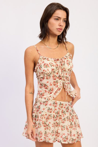 Floral Print Ruffled Cami Top with Front Ties - Cami Tops