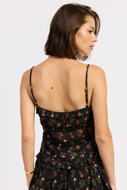 Floral Print Ruffled Cami Top with Front Ties - Cami Tops