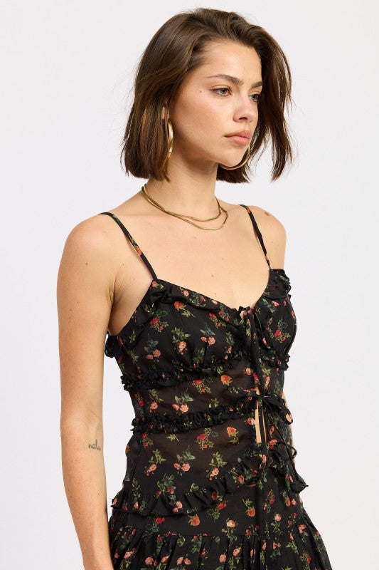 Floral Print Ruffled Cami Top with Front Ties - Cami Tops