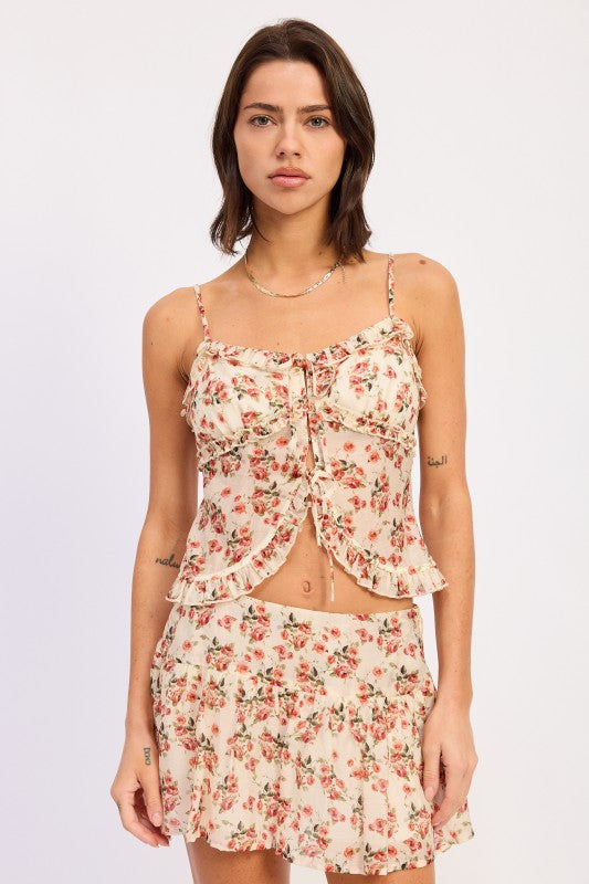 Floral Print Ruffled Cami Top with Front Ties - IVORY FLORAL Cami Tops