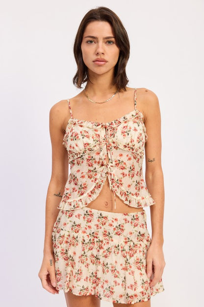 Floral Print Ruffled Cami Top with Front Ties - IVORY FLORAL Cami Tops