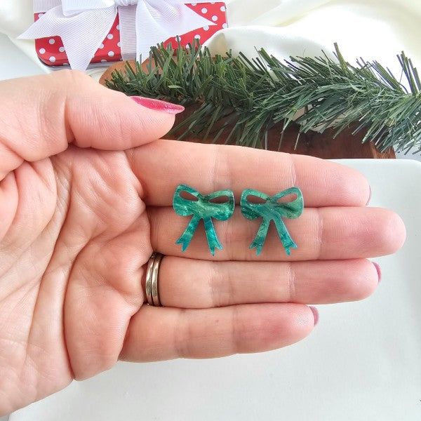 Christmas Green Bow Studs Shimmer Earrings | Trendy Earrings Outfit Idea for Women by Ro + Ivy | Elevated Basics, Modern Comfort & Style
