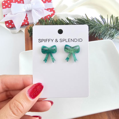 Christmas Green Bow Studs Shimmer Earrings | Trendy Earrings Outfit Idea for Women by Ro + Ivy | Elevated Basics, Modern Comfort & Style