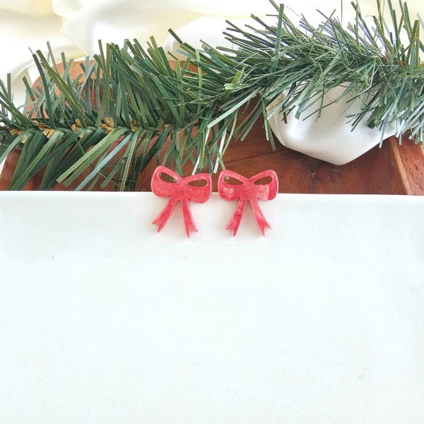 Red Shimmer OneSize Christmas Bow Stud Earrings | Trendy Earrings Outfit Idea for Women by Ro + Ivy | Elevated Basics, Modern Comfort & Style