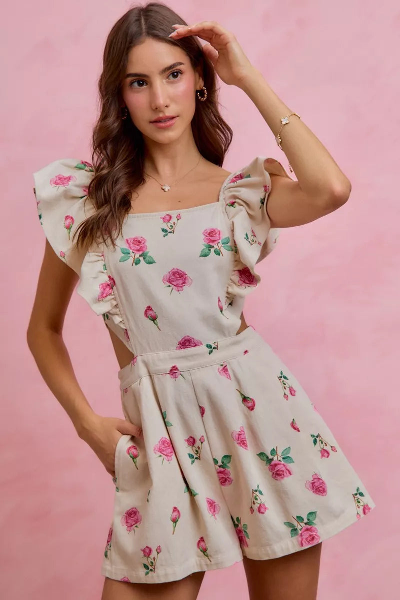 Floral Print Denim Cut-Out Waist Ruffled Romper — Playful Feminine Casual Sunny Style - Rompers