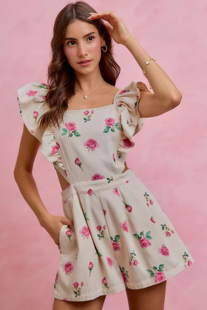 Floral Print Denim Cut-Out Waist Ruffled Romper — Playful Feminine Casual Sunny Style - Rompers