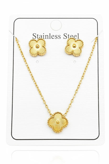 Textured Clover Stainless Steel Pendant Necklace & Earring Jewelry Set | Trendy Jewelry Sets Outfit Idea for Women by Ro + Ivy | Elevated Basics, Modern Comfort & Style