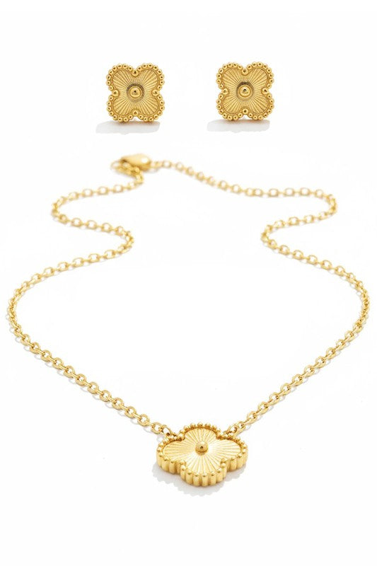 Gold O S Textured Clover Stainless Steel Pendant Necklace & Earring Jewelry Set | Trendy Jewelry Sets Outfit Idea for Women by Ro + Ivy | Elevated Basics, Modern Comfort & Style