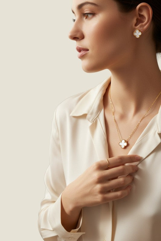 Gold O S Clover Pendant Necklace & Earring Jewelry Set | Trendy Jewelry Sets Outfit Idea for Women by Ro + Ivy | Elevated Basics, Modern Comfort & Style