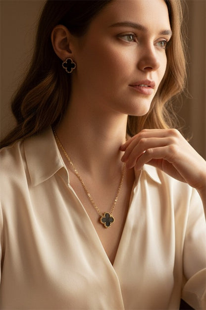 Black O S Black Clover Pendant Necklace & Earring Jewelry Set | Trendy Jewelry Sets Outfit Idea for Women by Ro + Ivy | Elevated Basics, Modern Comfort & Style