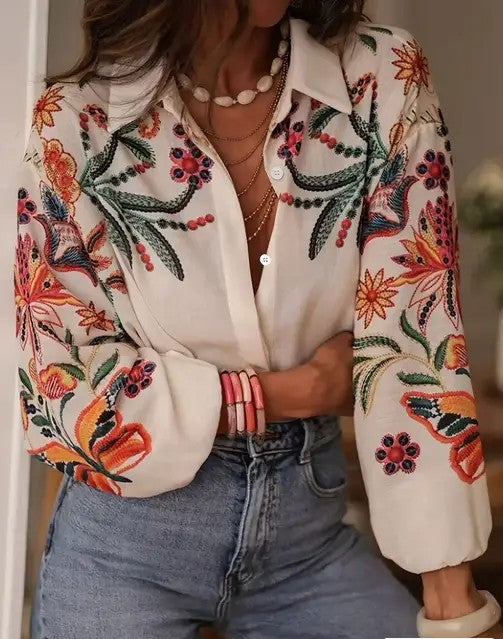 Women's Digital Floral Print Button Up Long Sleeve Shirt - Cream Shirts