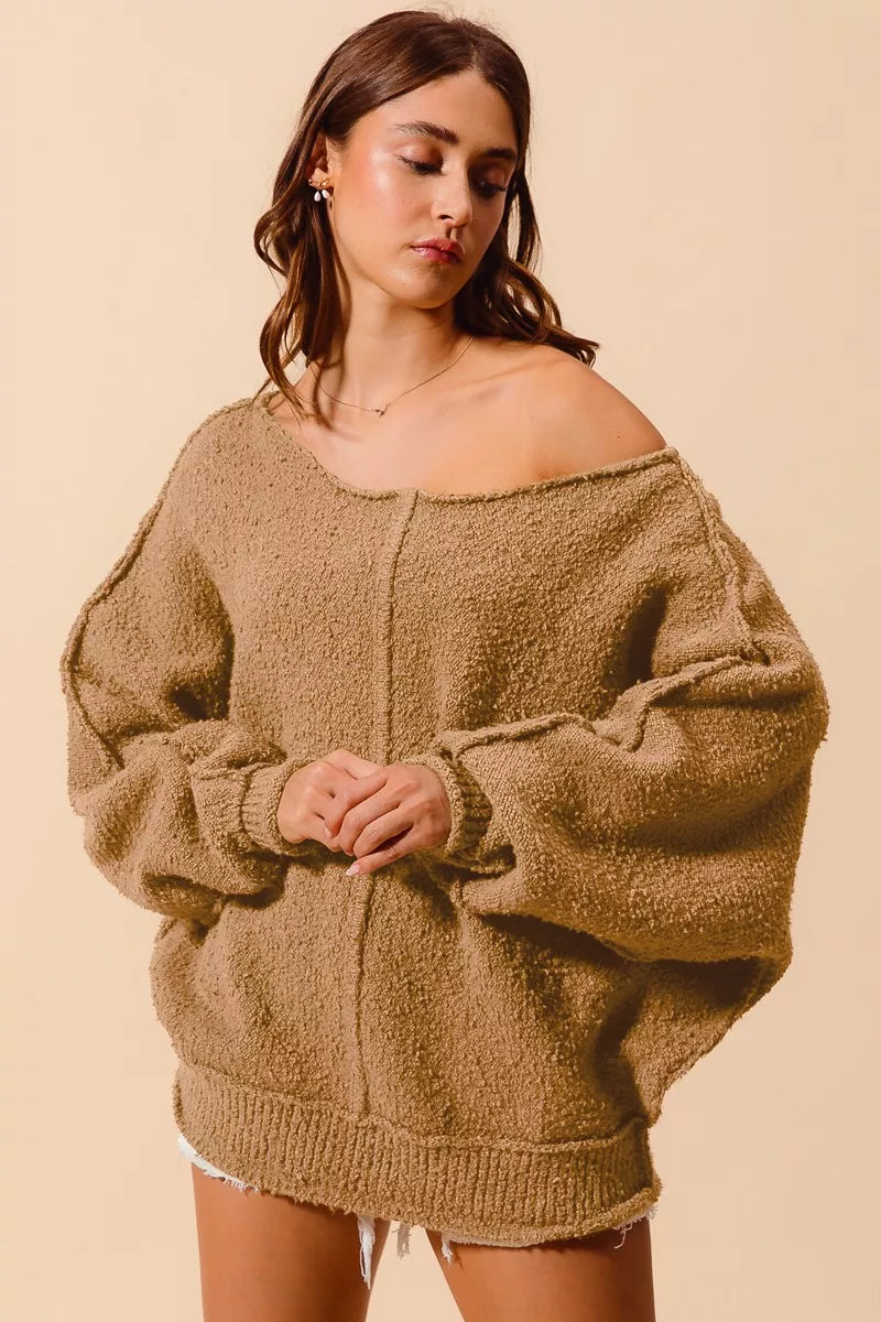 TAUPE Boucle Loose Fit Sweater with Exposed Seam in Taupe | Trendy Sweaters Outfit Idea for Women by Ro + Ivy | Elevated Basics, Modern Comfort & Style
