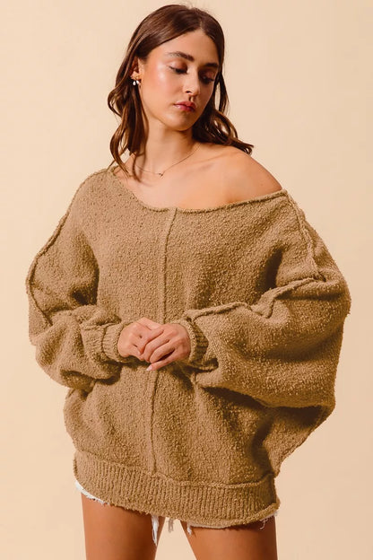 TAUPE Boucle Loose Fit Sweater with Exposed Seam in Taupe | Trendy Sweaters Outfit Idea for Women by Ro + Ivy | Elevated Basics, Modern Comfort & Style