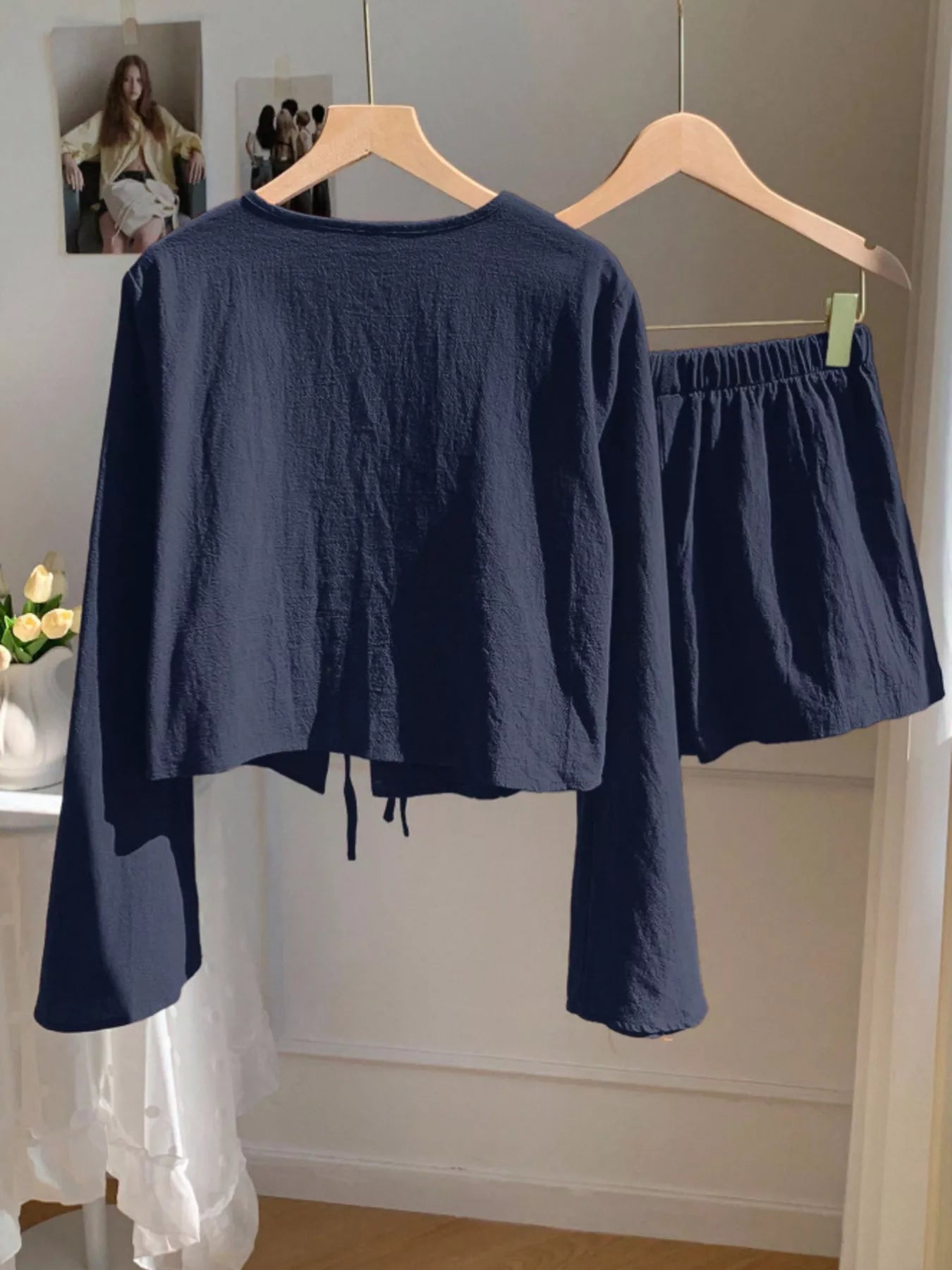 Women's Embroidered Tie Front Top and Shorts Set - Matching Sets