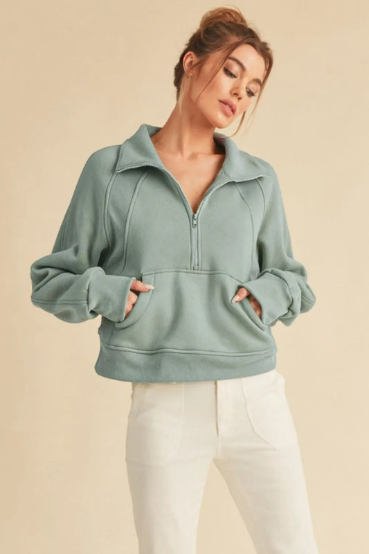 Half-Zip Raglan Sleeve Kangaroo Pocket Sweatshirt in Pale Blue - Pale Blue Sweatshirts