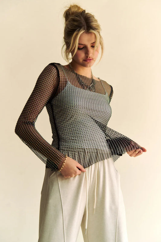 Sparkling Rhinestone Sheer Mesh Round Neck Top – Black outfit idea for women | Ro + Ivy