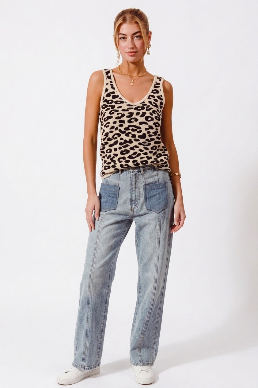 Leopard Print Knit V-Neck Cami Tank Top — Lightweight Chic Versatile Everyday Style - Tank Tops