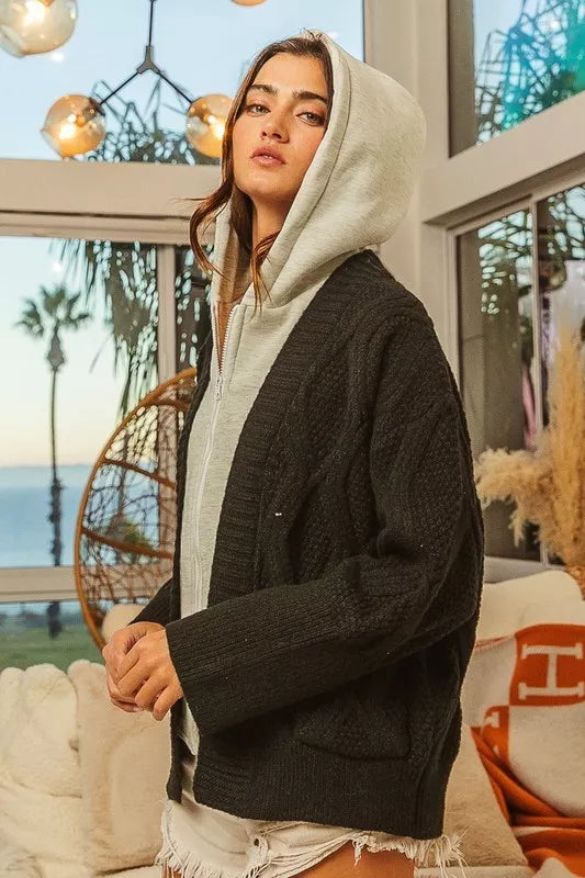 Knit Hoodie Rhombus Pattern Sweater Jacket — Cozy Warm Versatile Casual Style - Jackets