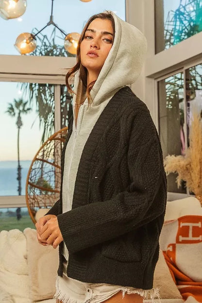 Knit Hoodie Rhombus Pattern Sweater Jacket — Cozy Warm Versatile Casual Style - Jackets