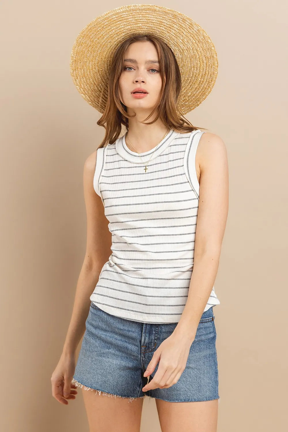 100% Cotton Striped Round Neck Tank Top - Tank Tops