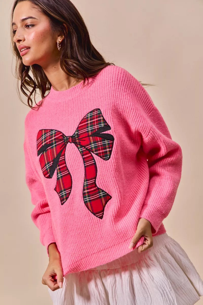 Plaid Bow Christmas Crewneck Holiday Sweater | Trendy Sweaters Outfit Idea for Women by Ro + Ivy | Elevated Basics, Modern Comfort & Style