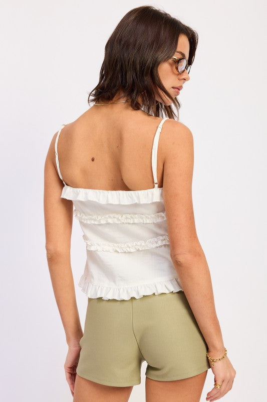 Ruffled Spaghetti Strap Cami Top with Front Ties | Trendy Cami Tops Outfit Idea for Women by Ro + Ivy | Elevated Basics, Modern Comfort & Style