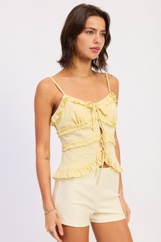 Ruffled Spaghetti Strap Cami Top with Front Ties | Trendy Cami Tops Outfit Idea for Women by Ro + Ivy | Elevated Basics, Modern Comfort & Style