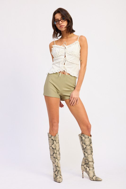 Ruffled Spaghetti Strap Cami Top with Front Ties | Trendy Cami Tops Outfit Idea for Women by Ro + Ivy | Elevated Basics, Modern Comfort & Style