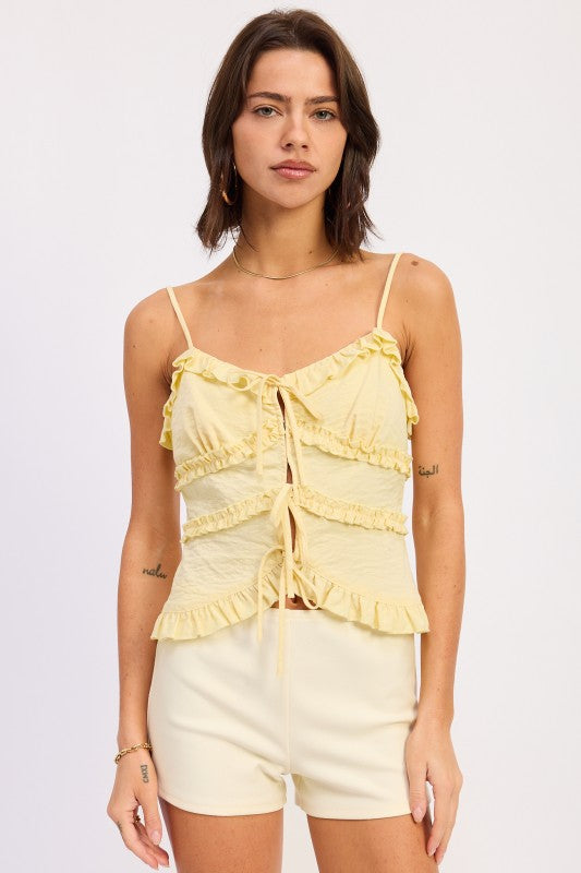 BUTTER Ruffled Spaghetti Strap Cami Top with Front Ties | Trendy Cami Tops Outfit Idea for Women by Ro + Ivy | Elevated Basics, Modern Comfort & Style