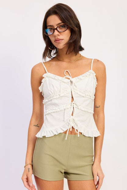 IVORY Ruffled Spaghetti Strap Cami Top with Front Ties | Trendy Cami Tops Outfit Idea for Women by Ro + Ivy | Elevated Basics, Modern Comfort & Style
