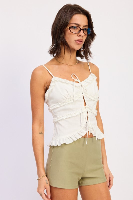 Ruffled Spaghetti Strap Cami Top with Front Ties | Trendy Cami Tops Outfit Idea for Women by Ro + Ivy | Elevated Basics, Modern Comfort & Style