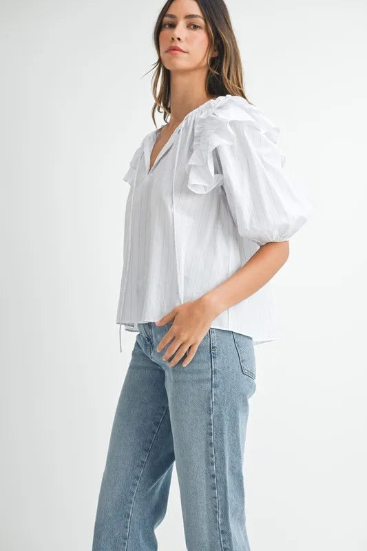 Stripe Ruffle Shoulder Puff Sleeve Blouse – outfit idea for women | Ro + Ivy