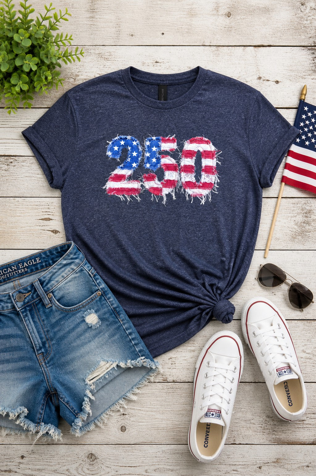 250 Years Faux Patchwork Distressed Flag Graphic Tee — Bold Patriotic Everyday Style