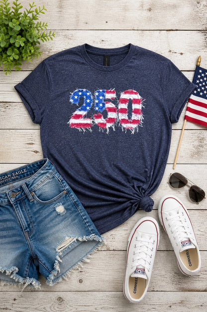 250 Years Faux Patchwork Distressed Flag Graphic Tee — Bold Patriotic Everyday Style