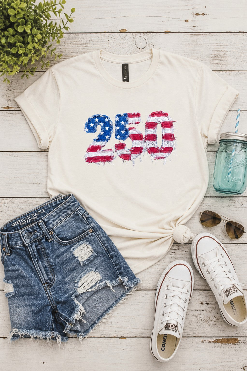 250 Years Faux Patchwork Distressed Flag Graphic Tee — Bold Patriotic Everyday Style