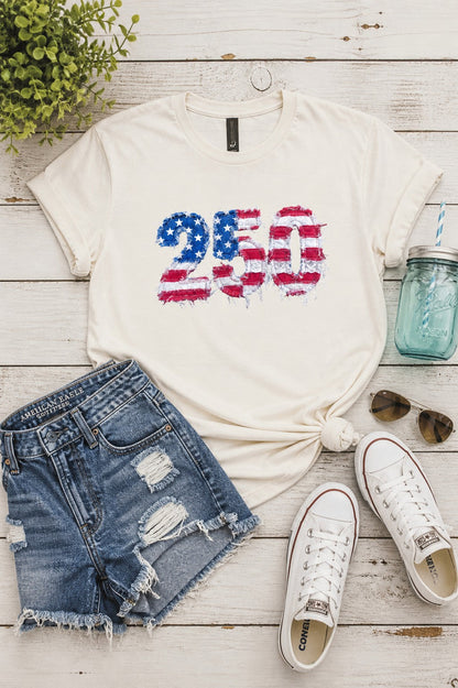 250 Years Faux Patchwork Distressed Flag Graphic Tee — Bold Patriotic Everyday Style