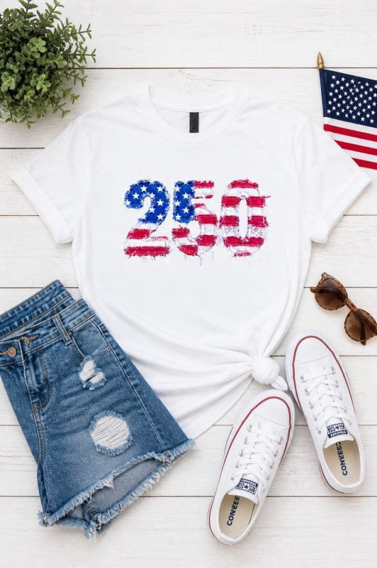 250 Years Faux Patchwork Distressed Flag Graphic Tee — Bold Patriotic Everyday Style