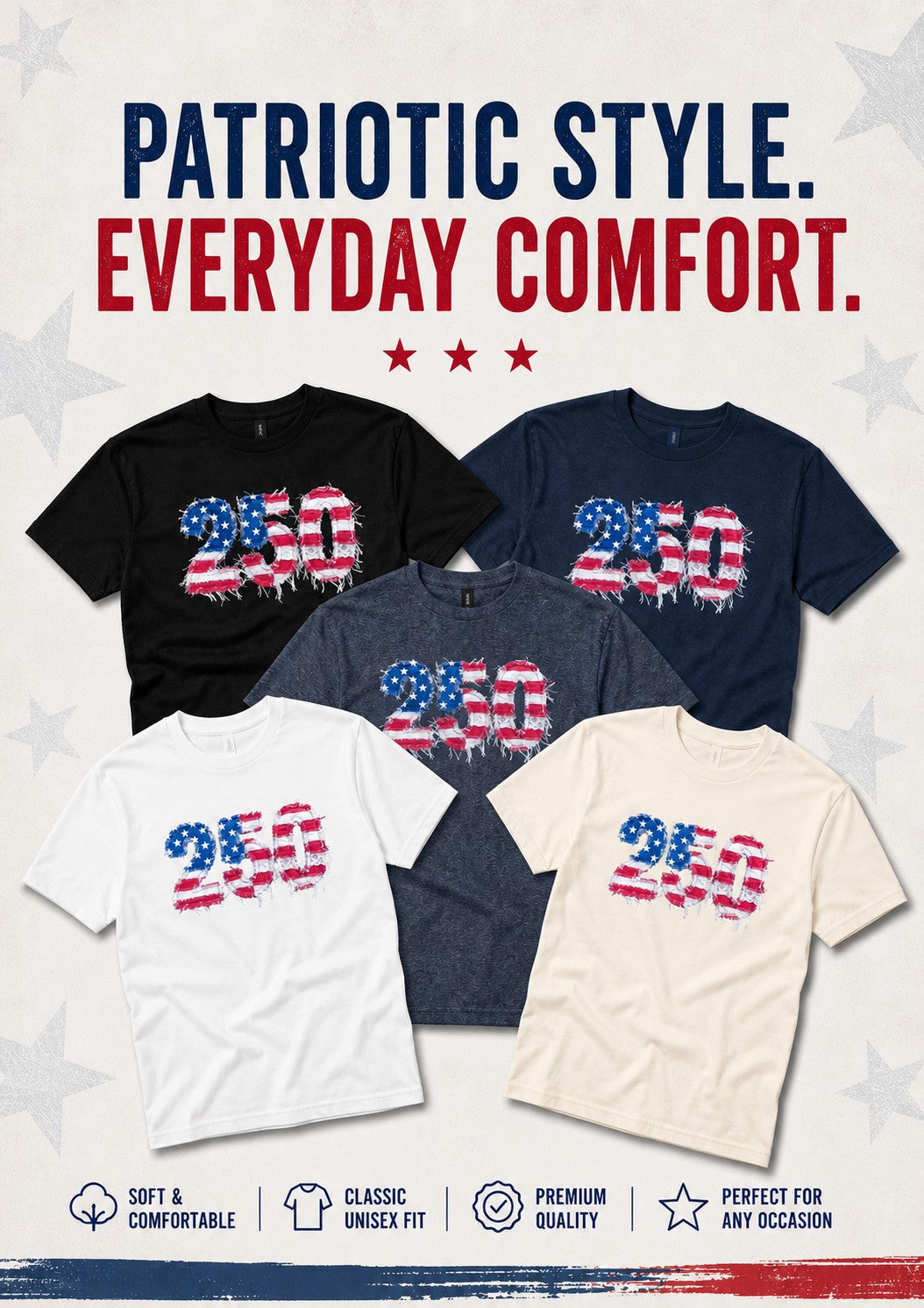 250 Years Faux Patchwork Distressed Flag Graphic Tee — Bold Patriotic Everyday Style