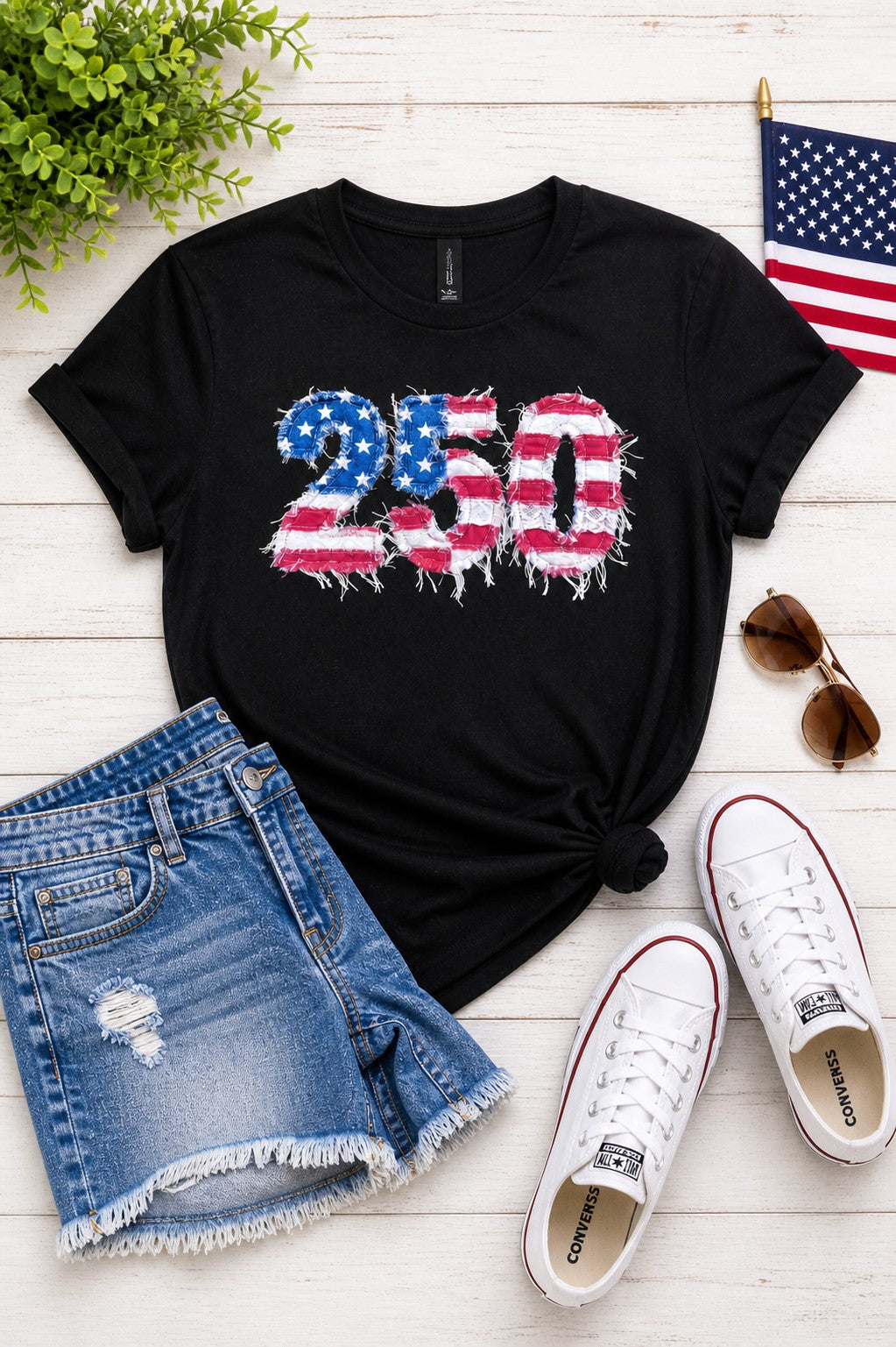 250 Years Faux Patchwork Distressed Flag Graphic Tee — Bold Patriotic Everyday Style