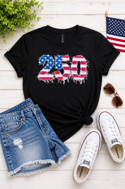 250 Years Faux Patchwork Distressed Flag Graphic Tee — Bold Patriotic Everyday Style