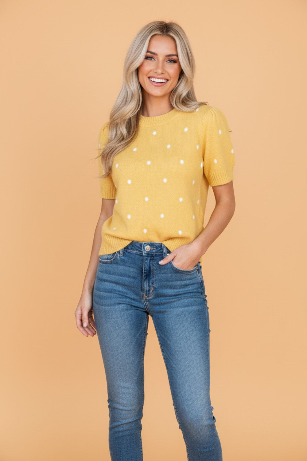 Polka Dot Bubble Sleeve Short Sleeve Knit Sweater Top — Playful Sophisticated Style - Yellow Cream Sweaters & Cardigans/Short Sleeve Sweaters