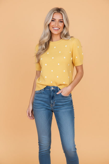 Polka Dot Bubble Sleeve Short Sleeve Knit Sweater Top — Playful Sophisticated Style - Yellow Cream Sweaters & Cardigans/Short Sleeve Sweaters