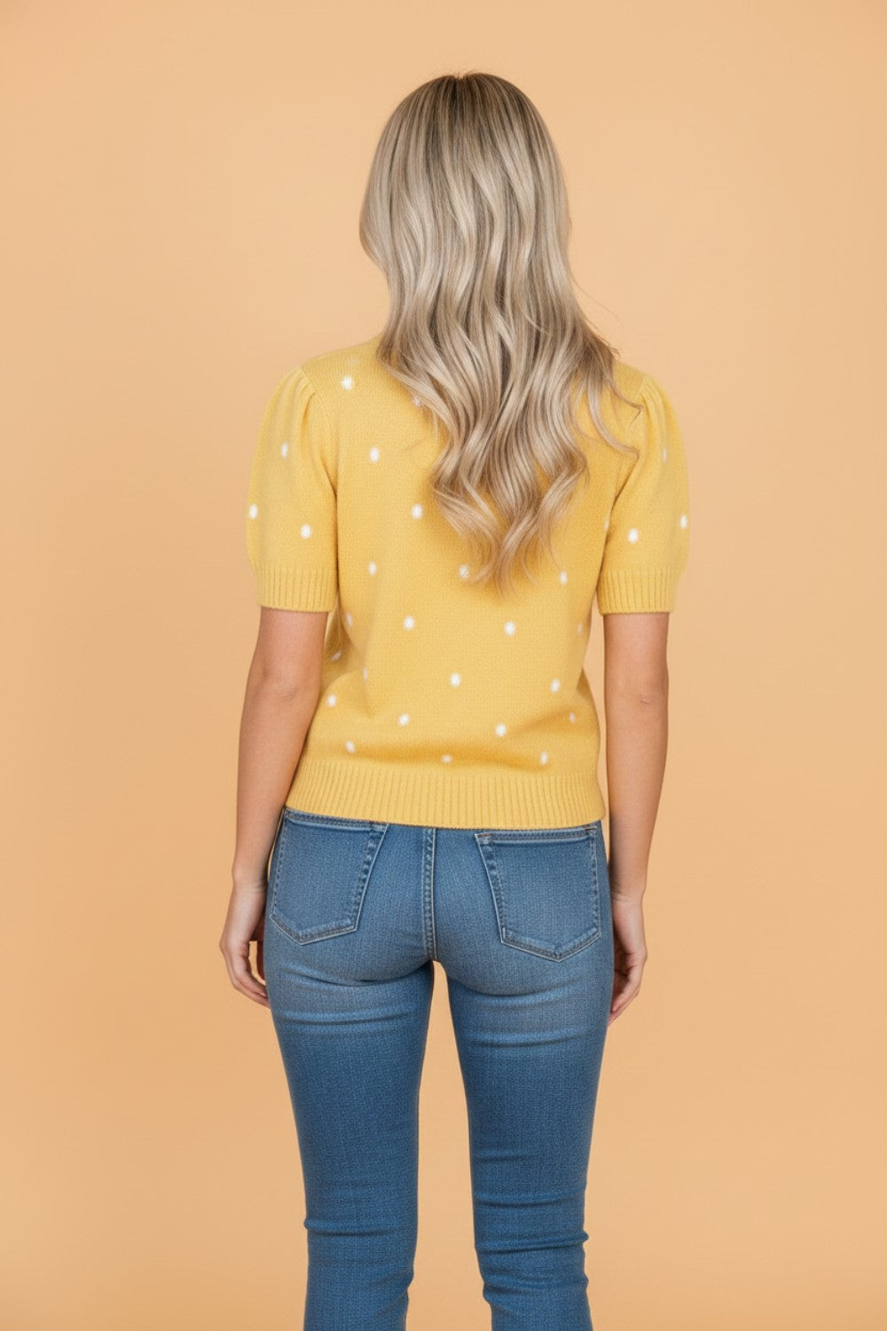 Polka Dot Bubble Sleeve Short Sleeve Knit Sweater Top — Playful Sophisticated Style - Sweaters & Cardigans/Short Sleeve Sweaters