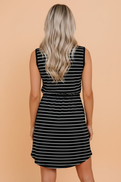 Stripe Drawstring Waist Pocketed Mini Dress