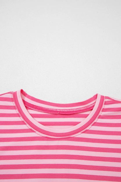Women's Striped Drop Shoulder Round Neck Top and Buttoned Straight Pants Set - Matching Sets