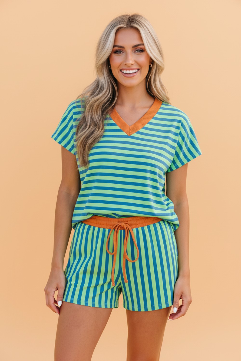 Striped Colorblock V-Neck Tee & Drawstring Shorts Two-Piece Set — Laid-Back Casual Style - Green Stripe Two Piece Sets/Short Sets