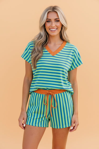 Striped Colorblock V-Neck Tee & Drawstring Shorts Two-Piece Set — Laid-Back Casual Style - Green Stripe Two Piece Sets/Short Sets