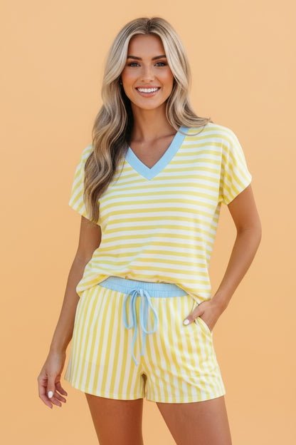 Striped Colorblock V-Neck Tee & Drawstring Shorts Two-Piece Set — Laid-Back Casual Style - Yellow Stripe Two Piece Sets/Short Sets