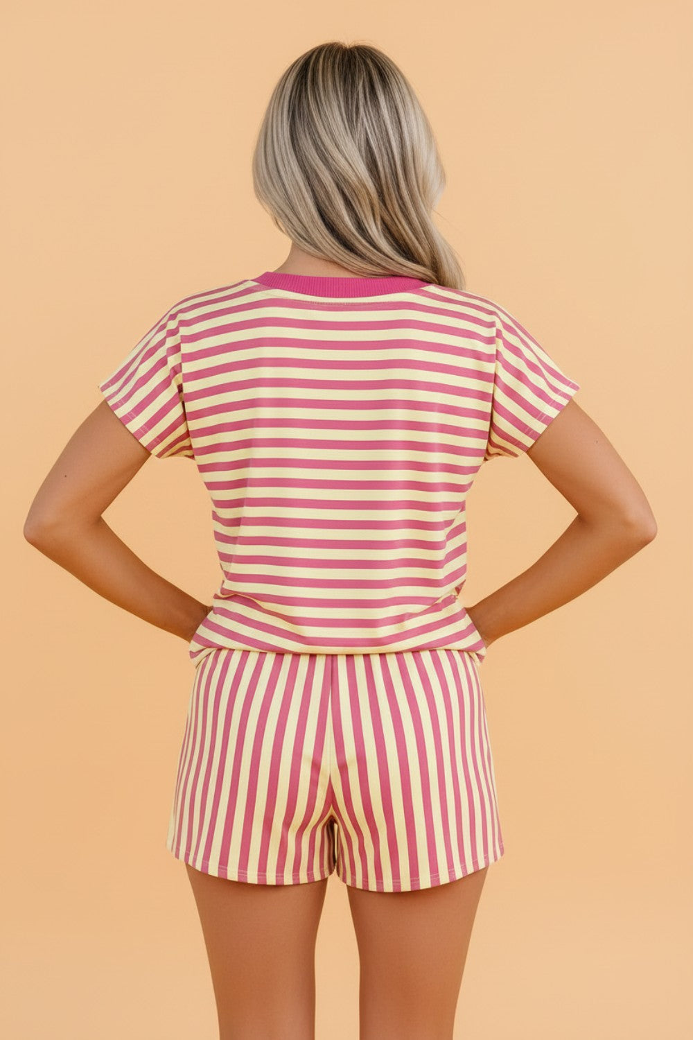 Striped Colorblock V-Neck Tee & Drawstring Shorts Two-Piece Set — Laid-Back Casual Style - Two Piece Sets/Short Sets