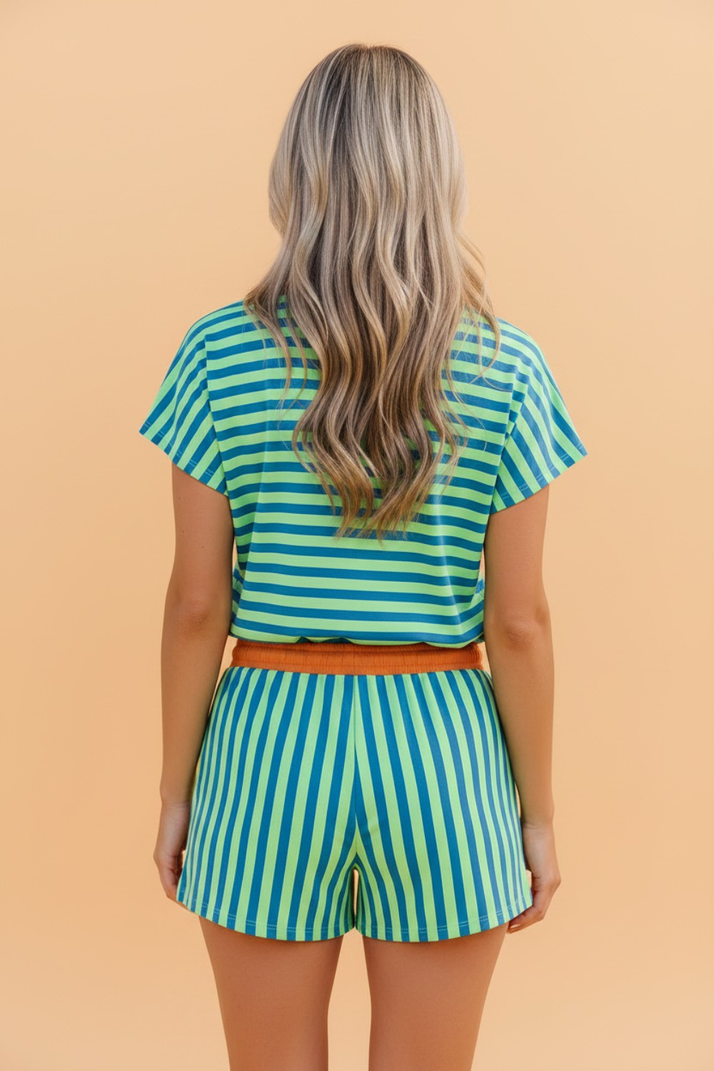 Striped Colorblock V-Neck Tee & Drawstring Shorts Two-Piece Set — Laid-Back Casual Style - Two Piece Sets/Short Sets